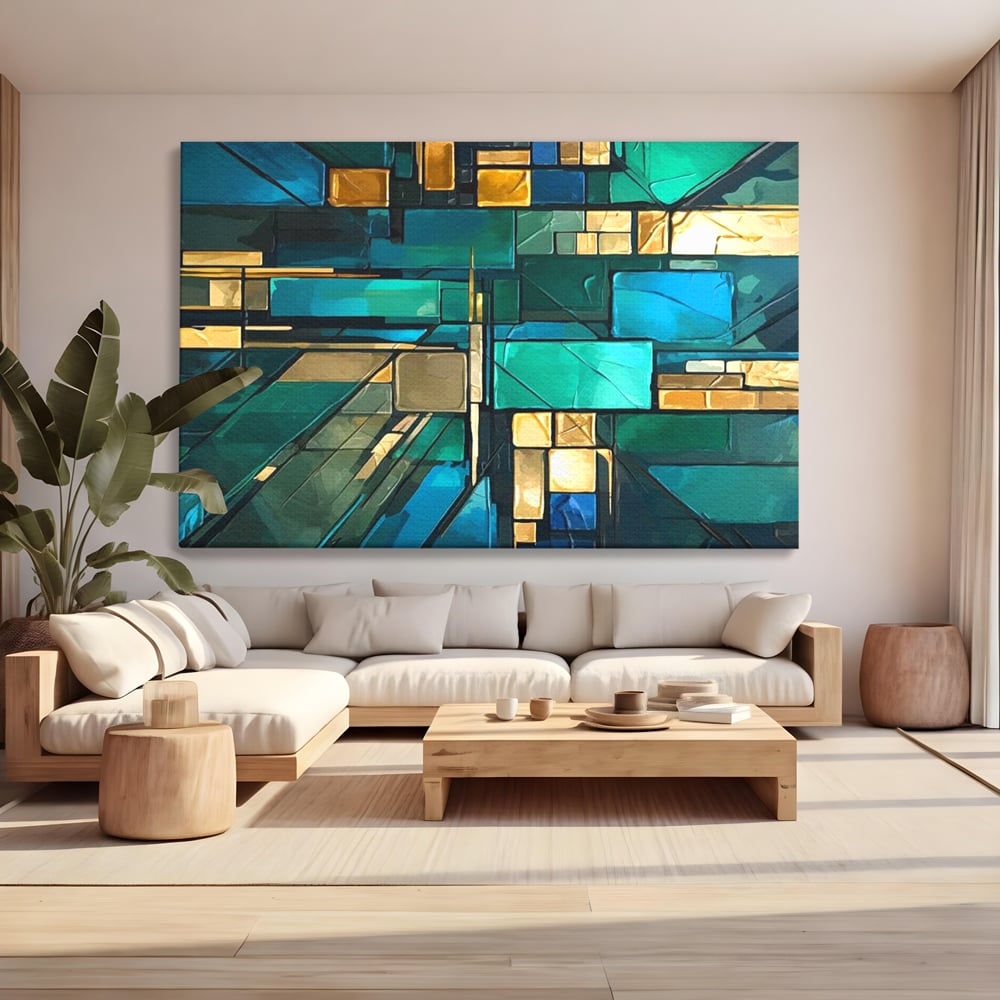 Tablou canvas cu tablou abstract geometric in nuante de albastru, fara rama, pe sasiu de lemn, pe perete intr-un living
